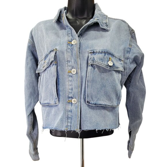Love Tree Cropped Denim Jacket With Pockets Button Frayed Hem Womens Medium New - Picture 1 of 8